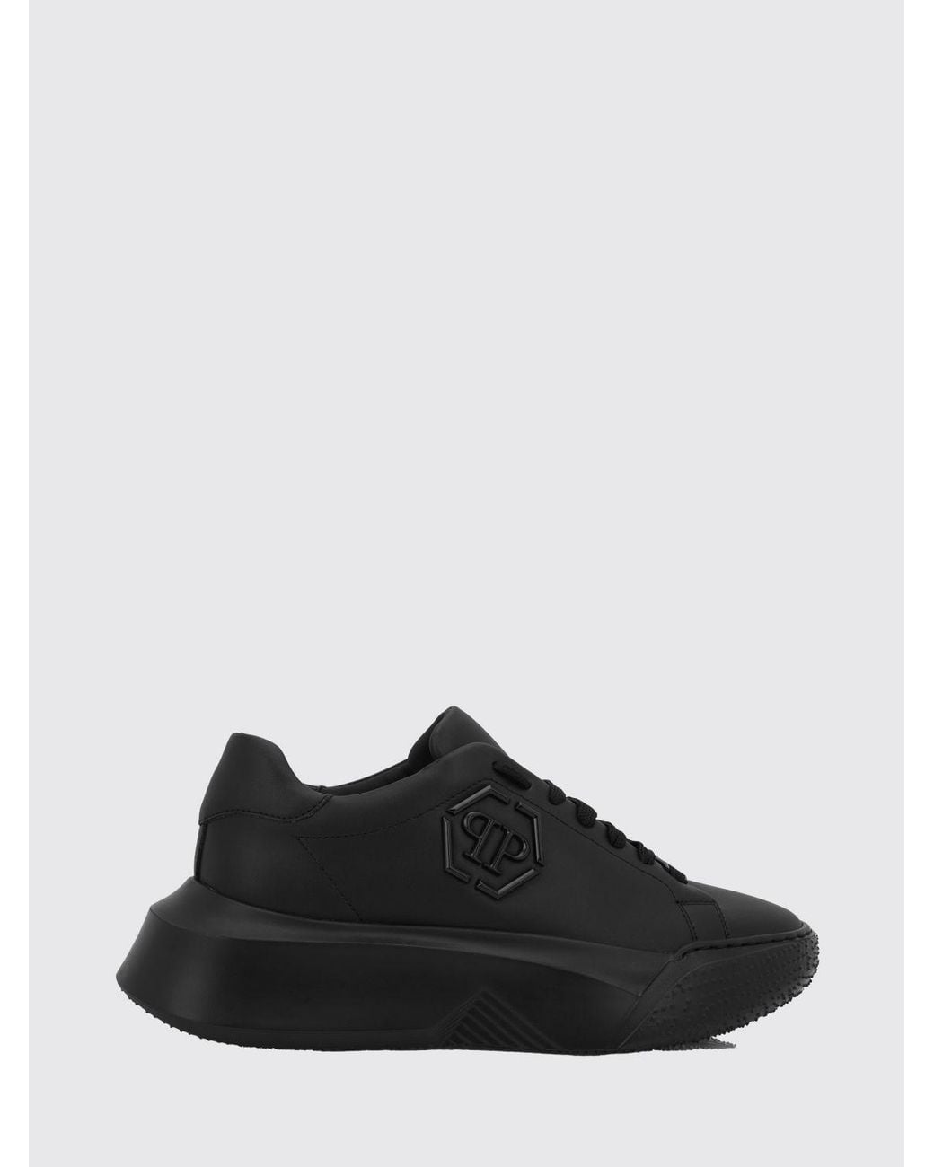 Philipp Plein Black Low-Top Leather Sneakers With Hexagon Logo And Platform Sole for men