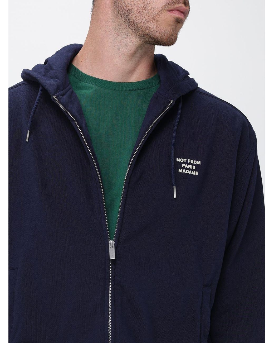Drole de Monsieur Blue Zipped Cotton Hoodie With Contrast Logo for men