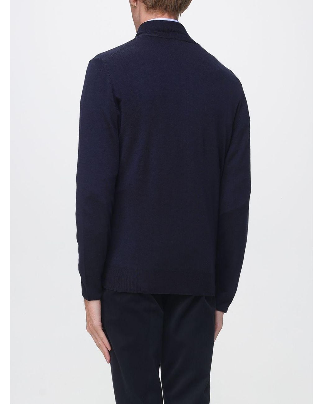 Canali Blue Wool Cardigan Jumper With Turtleneck And Zip Closure for men