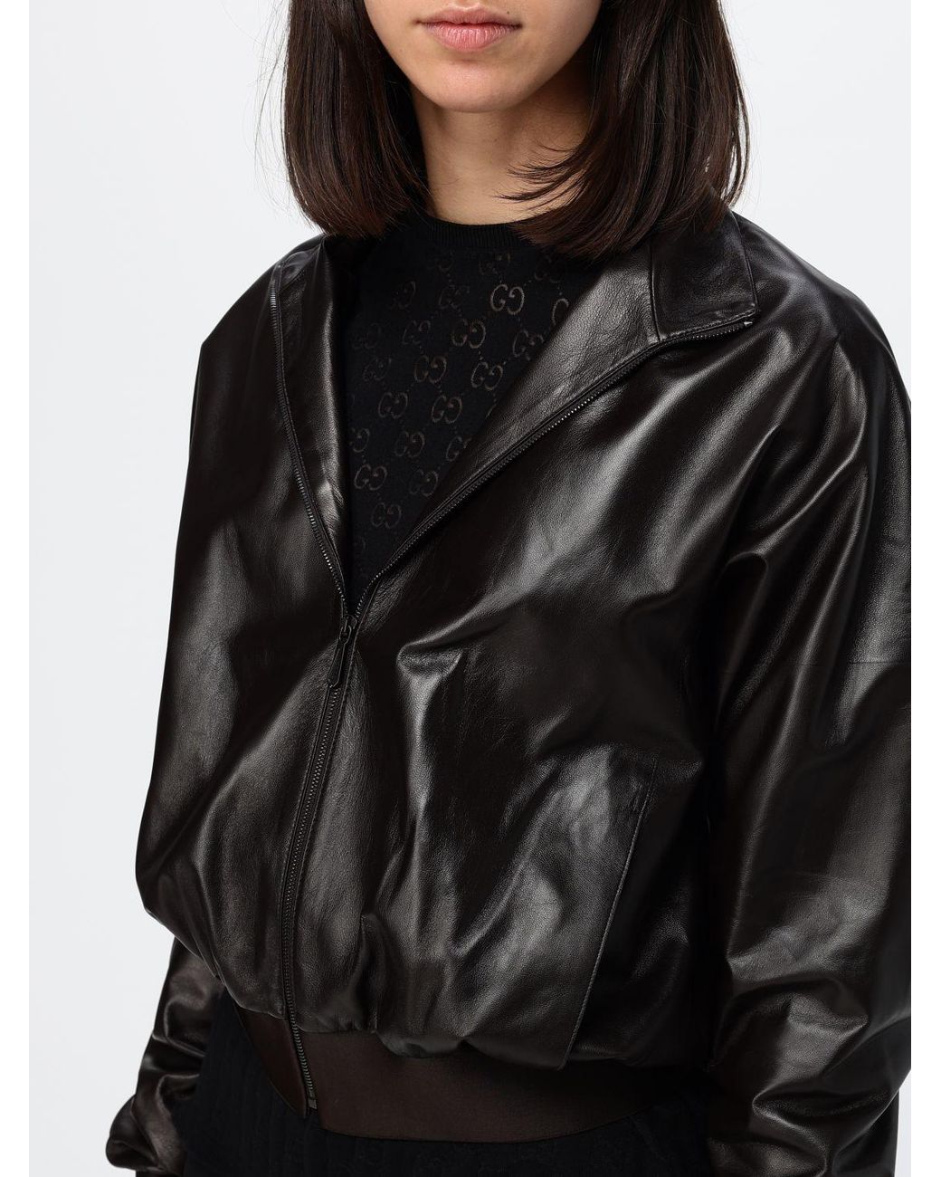 Gucci Black Nappa Leather Bomber Jacket With High Collar And Zip Closure