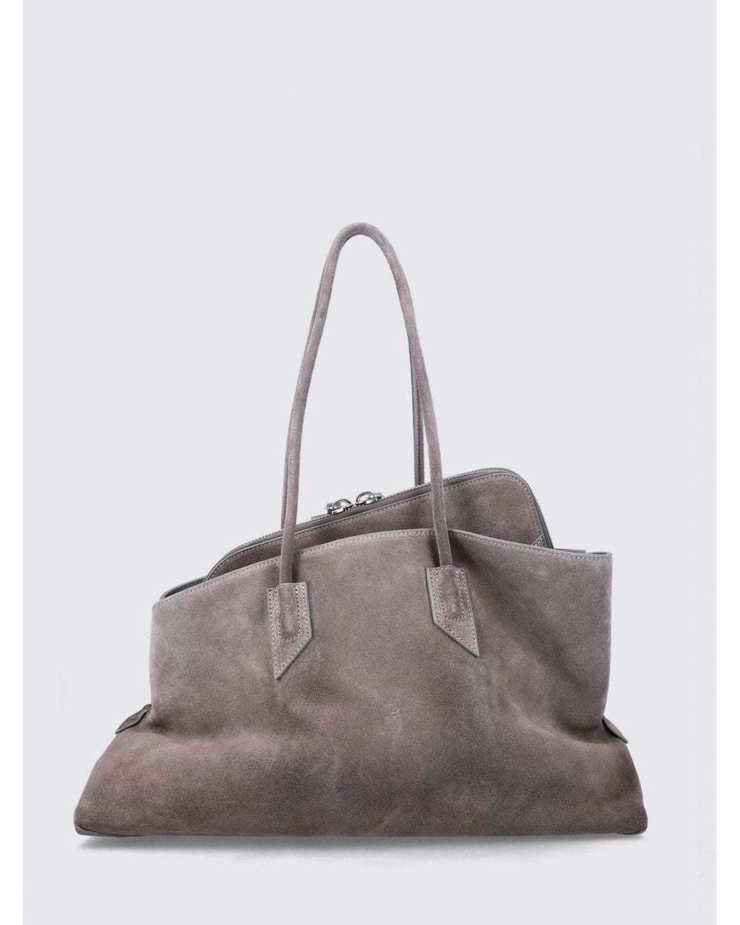 The Attico Gray La Passeggiata Asymmetrical Suede Shoulder Bag With Double Handle