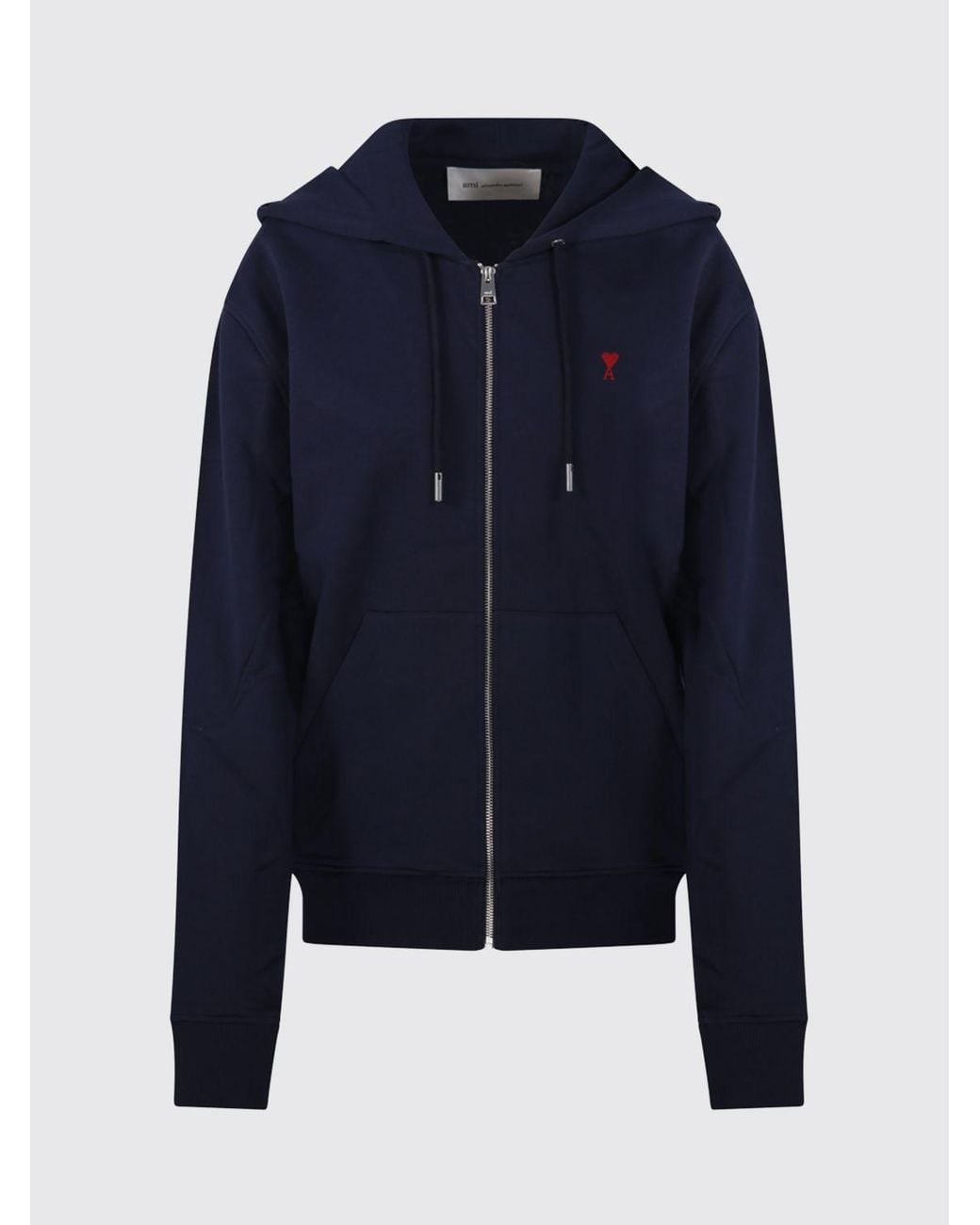 AMI Blue Cotton Zip-Up Hoodie With Embroidered Logo And Kangaroo Pocket