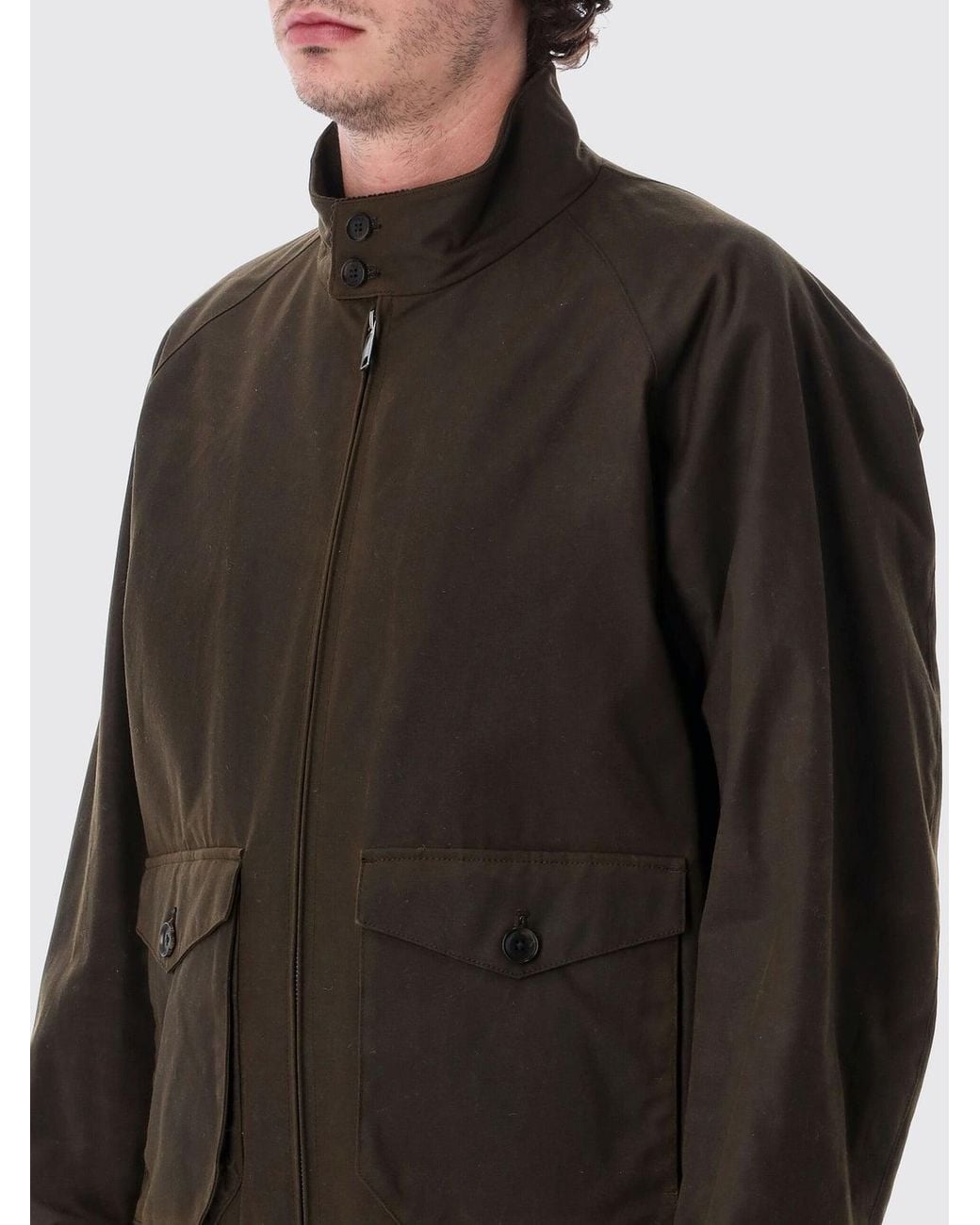 Baracuta Black Waxed Cotton Bomber Jacket With High Collar And Flap Pockets for men