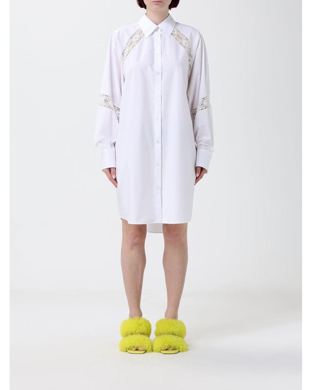 Minivestido Camisero De Algodón Con Inserciones De Encaje Y Bajo Asimétrico MSGM de color White