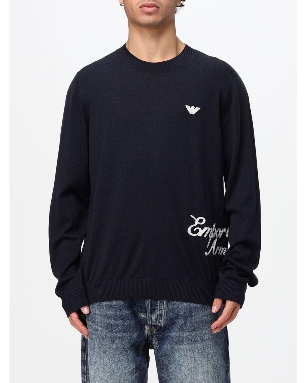 Emporio Armani Blue Silk-Blend Crewneck Jumper With Eagle Logo for men