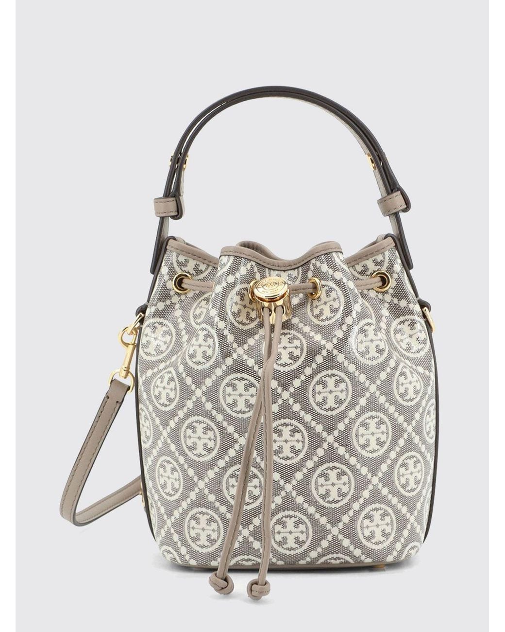 Tory Burch White Mini Monogram Cotton Bucket Bag With Double T Logo