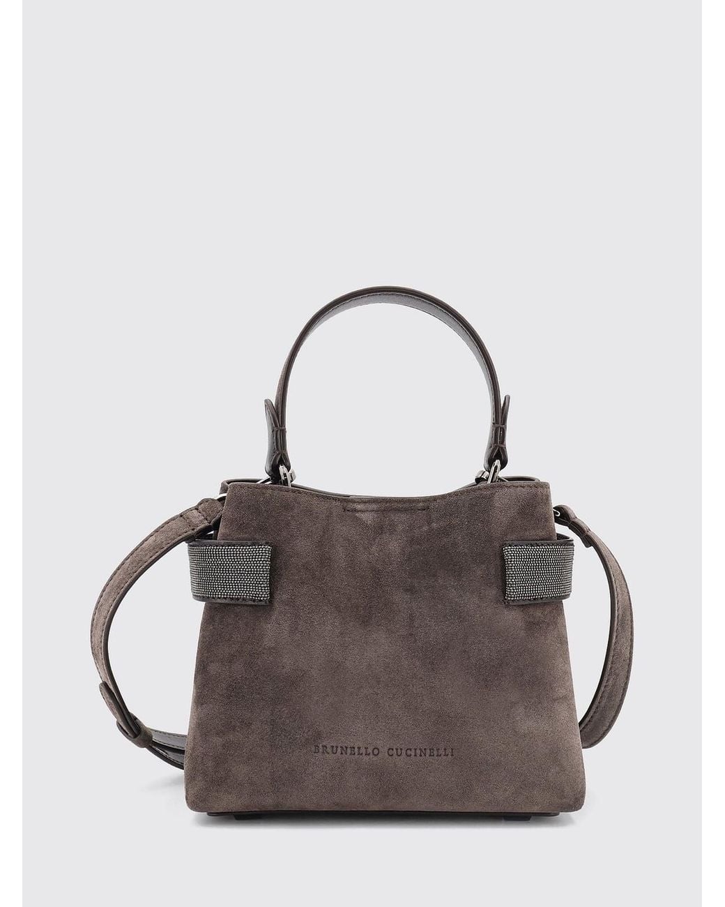 Brunello Cucinelli Gray Small Suede Handbag With Monili Embellishment