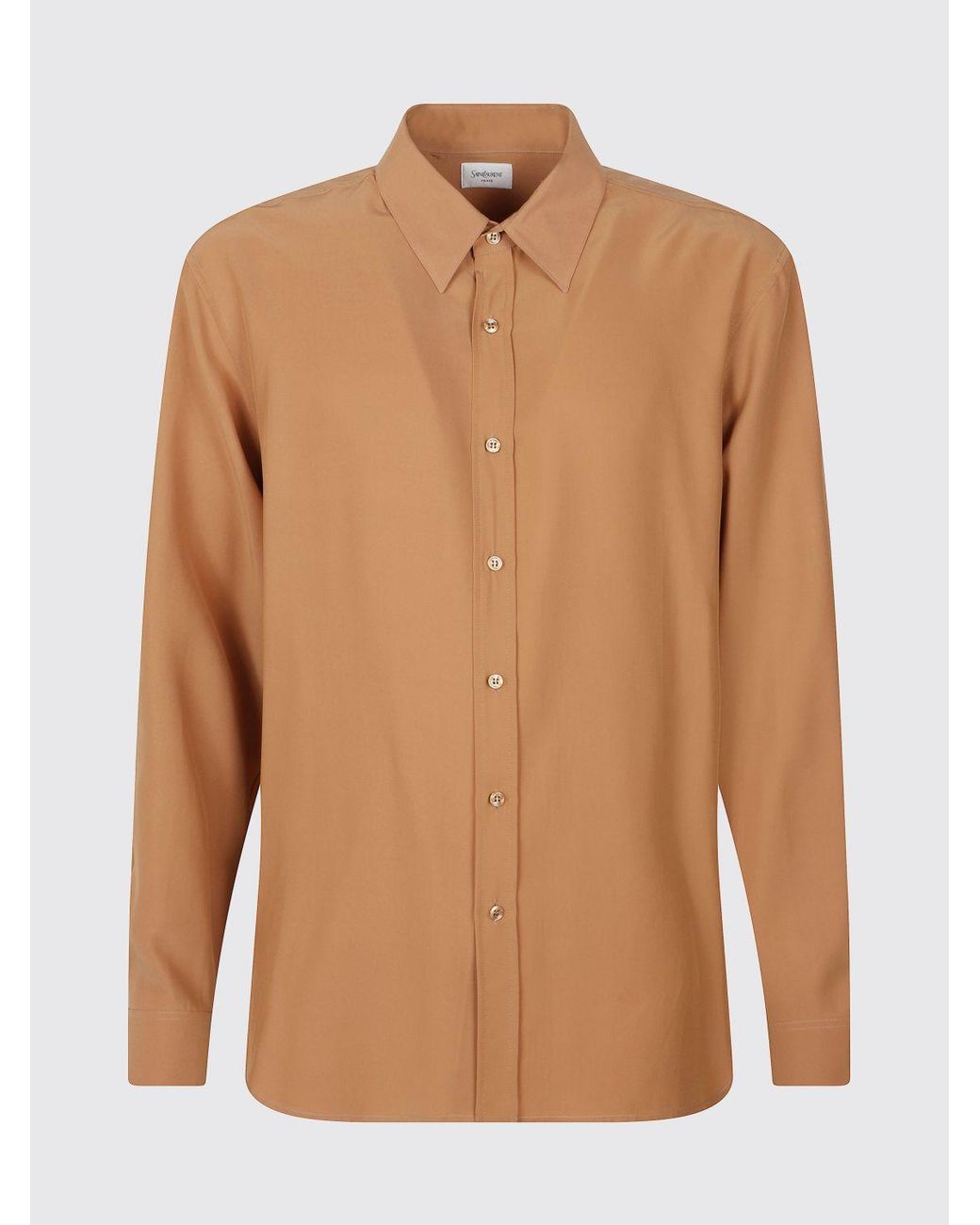 Saint Laurent Brown Pure Silk Shirt With Classic Collar And Curved Hem for men