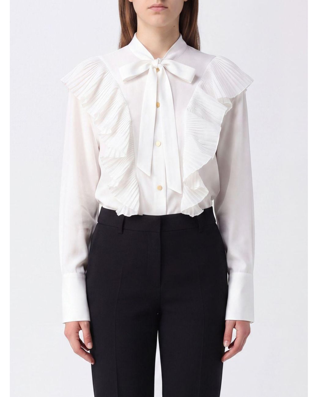 Alberta Ferretti White Cotton Pussy-Bow Shirt With Ruffles
