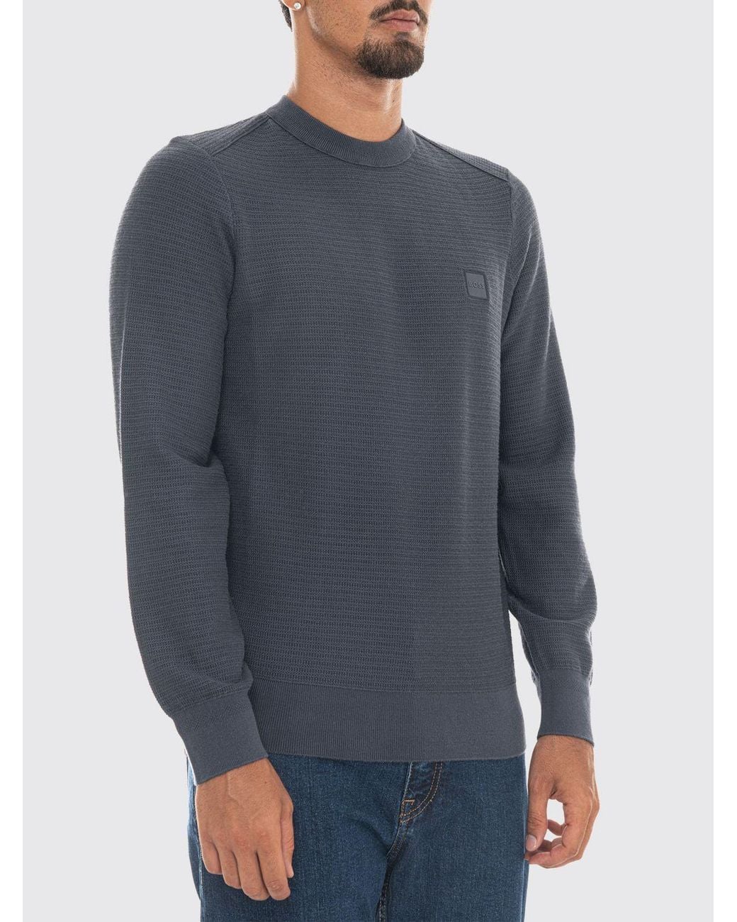 Boss Blue Cotton And Cashmere Crewneck Jumper With Tone-On-Tone Logo for men