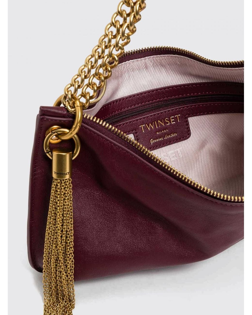 Twinset Purple Smooth Leather Shoulder Bag With Metallic Mesh Handle