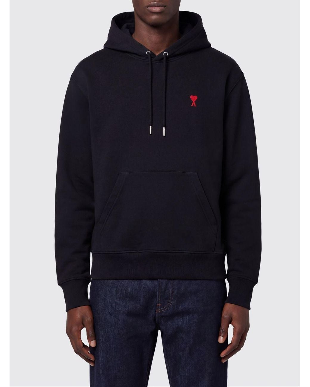 AMI Blue Cotton Hoodie With Embroidered Logo And Kangaroo Pocket for men