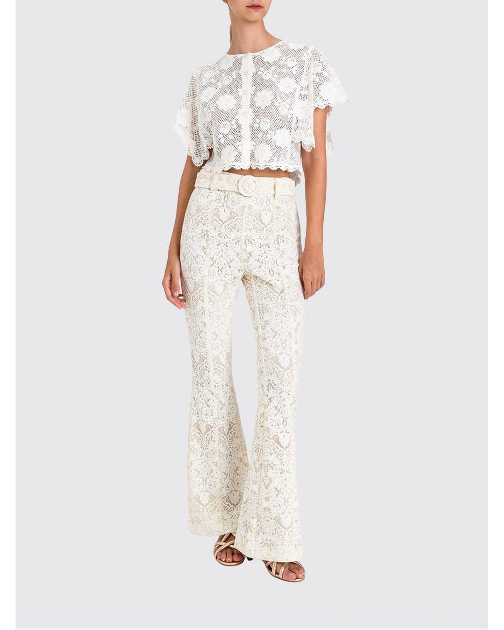 Twinset White High-Waisted Slim Fit Flared Lace Trousers