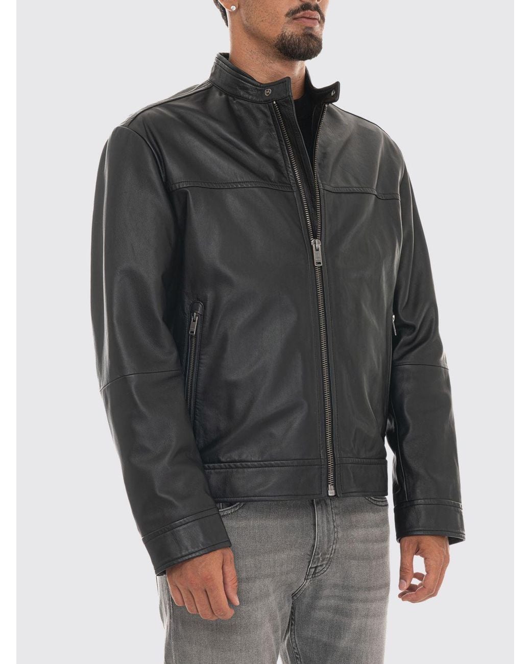 Boss Black Joslay Leather Biker Jacket With High Collar And Zipped Pockets for men