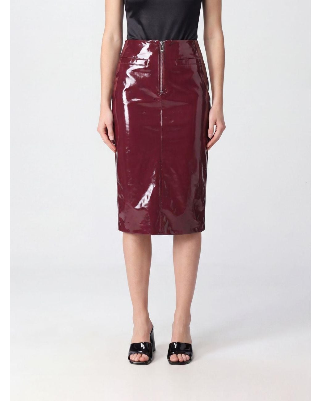 Self-Portrait Red High-Waisted Patent-Effect Midi Pencil Skirt