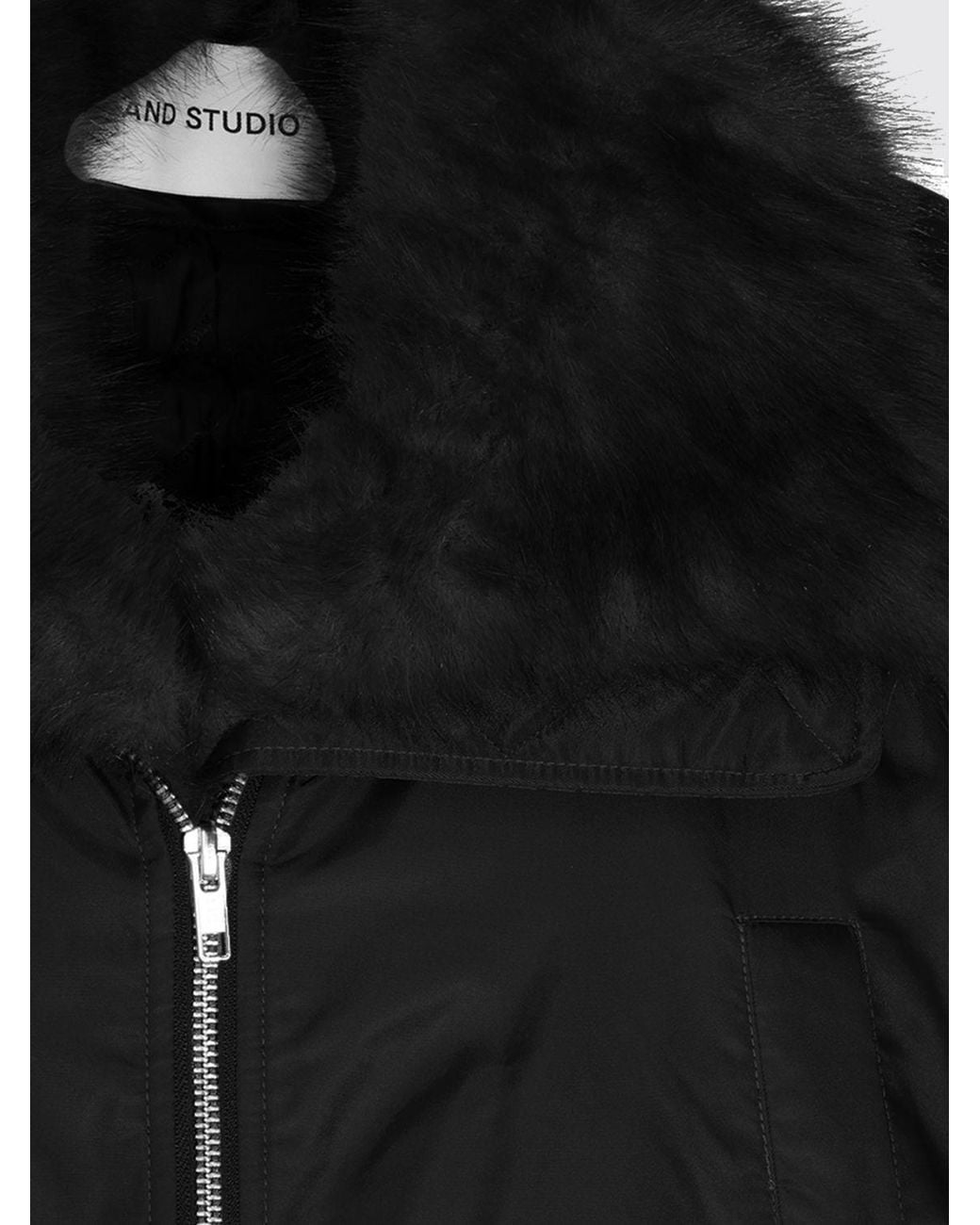 Stand Studio Black Thilda Recycled Nylon Bomber Jacket With Fur Collar