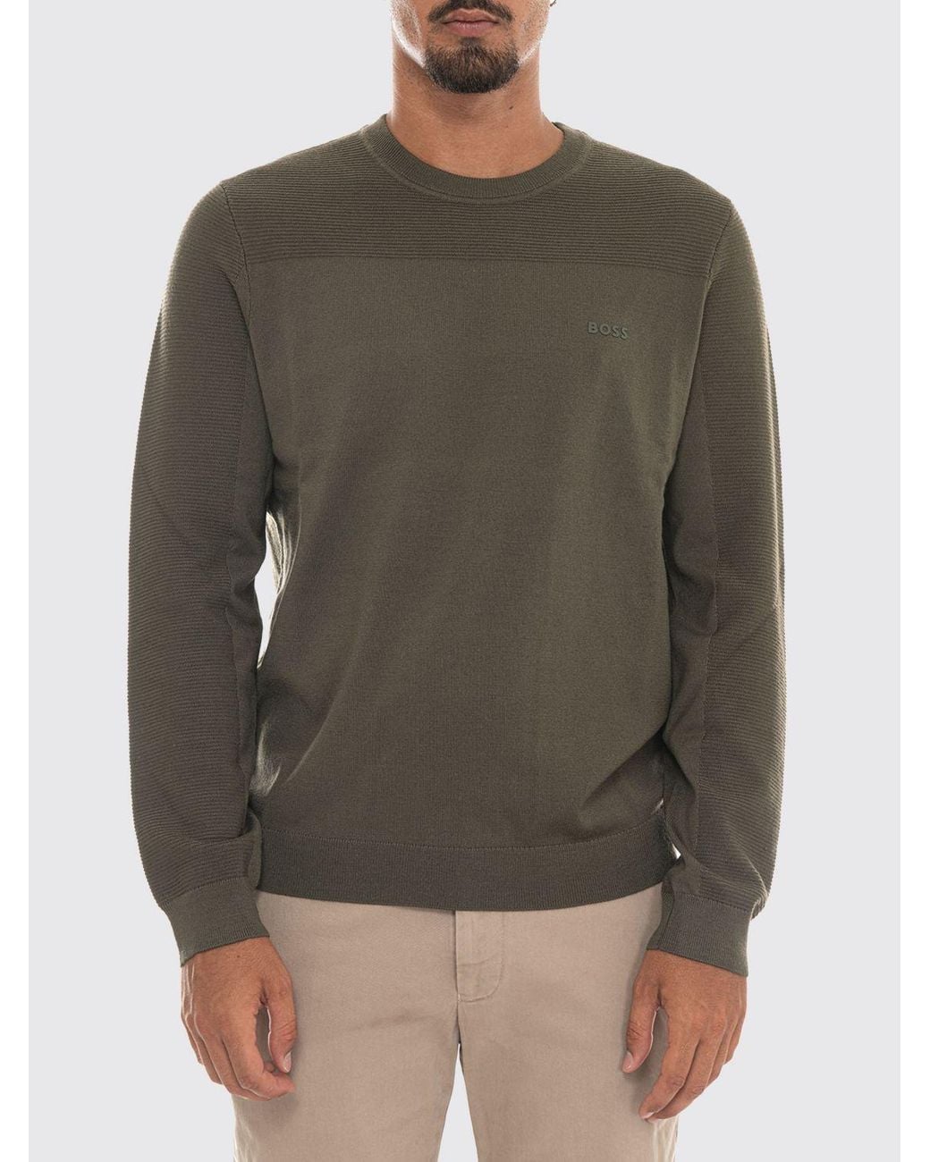 Boss Green Wool Blend Crew Neck Jumper With Tone-On-Tone Logo And Ribbed Trims for men