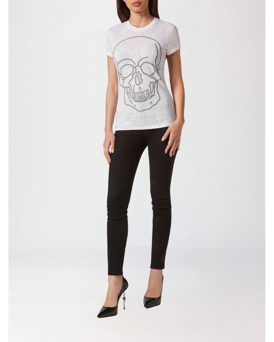 Philipp Plein White Slim Fit Cotton T-Shirt With Skull Print And Rhinestones