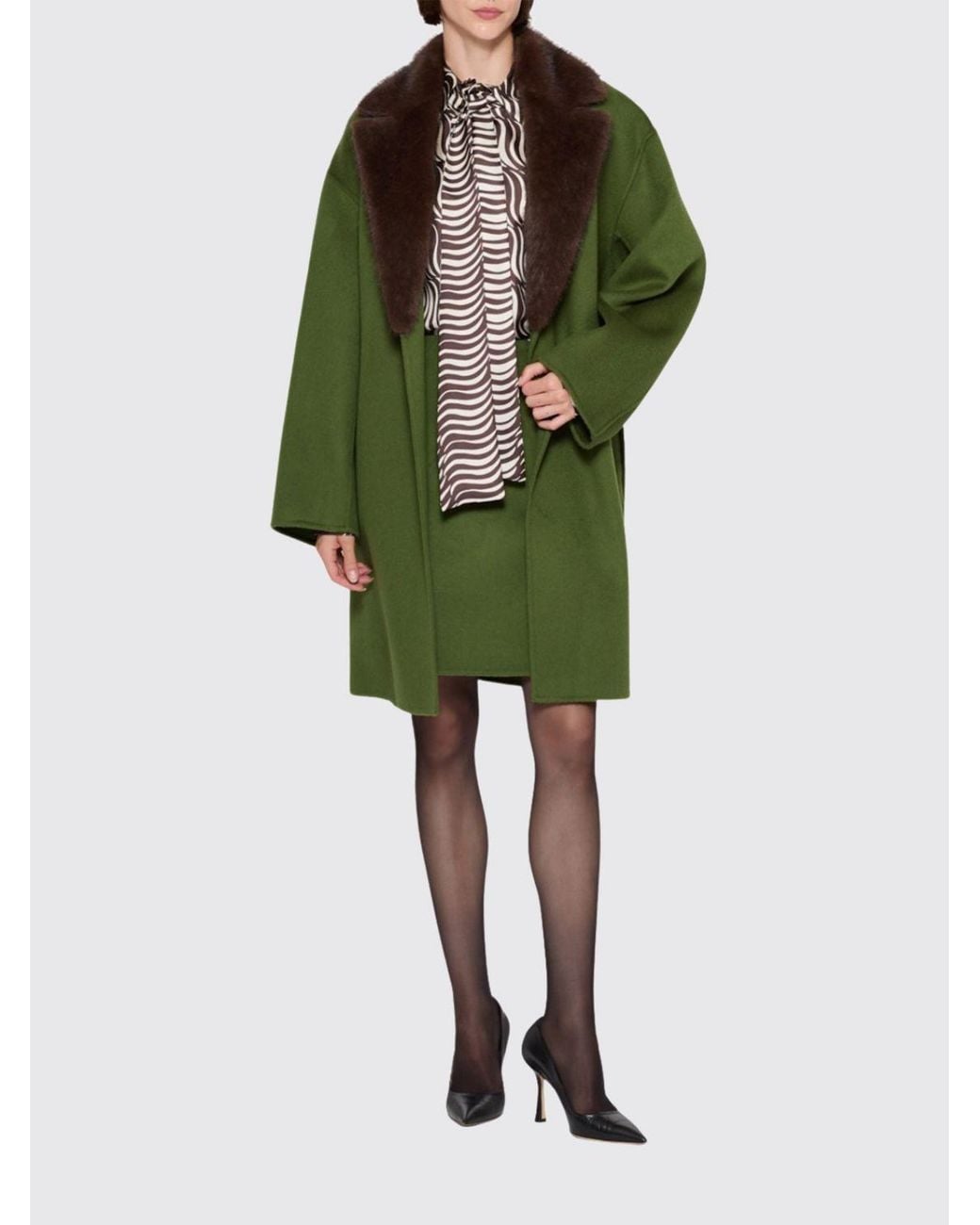 P.A.R.O.S.H. Green P.A.R.O.S.H. Knee-Length Wool Robe Coat With Fur Collar