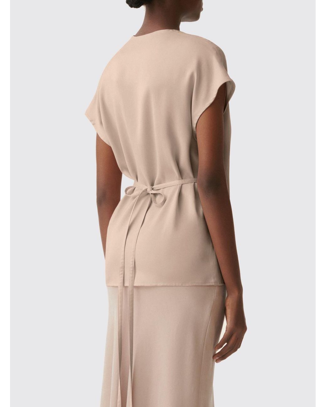 Fabiana Filippi Natural Satin V-Neck Wrap Top With Tie Closure