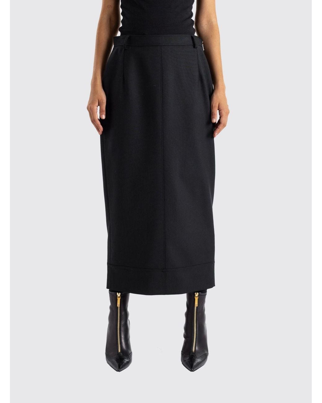 Thom Browne Black High-Waisted Wool Pencil Skirt With A Midi Length And Back Slit