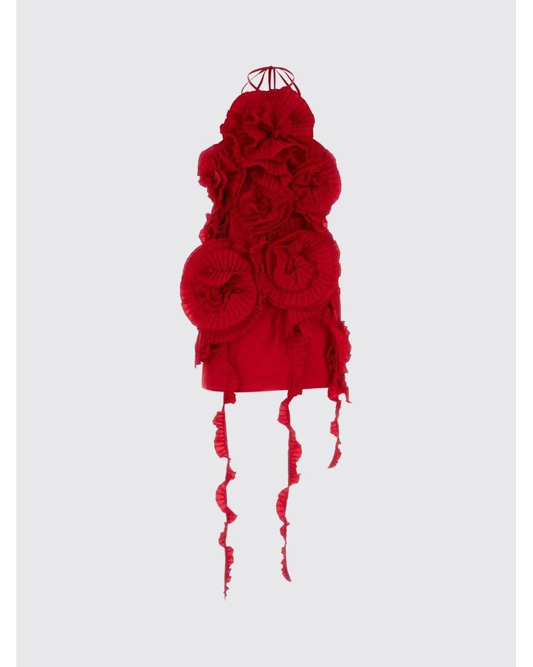 Blumarine Red Taffeta Mini Sheath Dress With Ruffles And Halter Neck