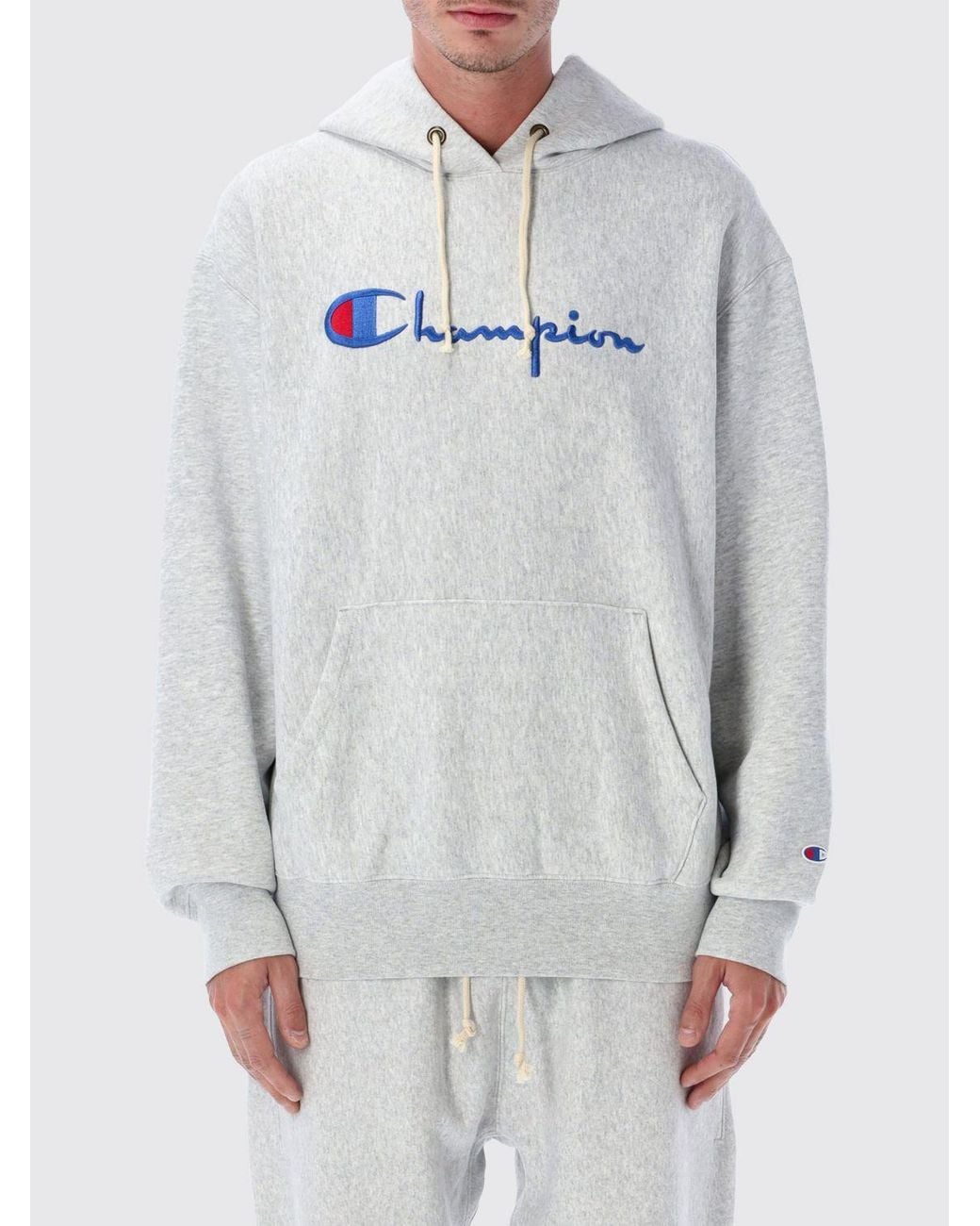 Champion Gray Oversized Cotton Hoodie With Contrast Logo for men
