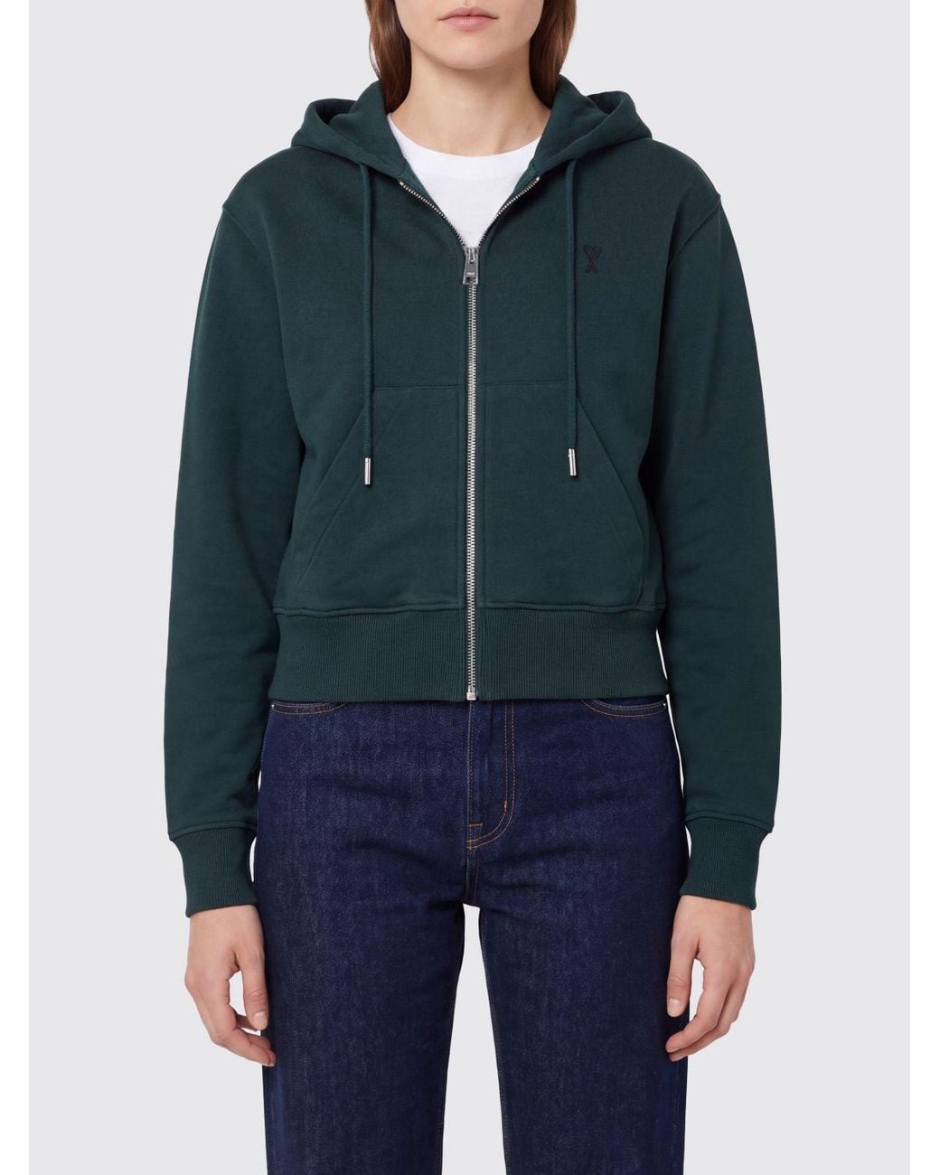 AMI Blue Hooded Zip-Up Cotton Sweatshirt With Embroidered Logo