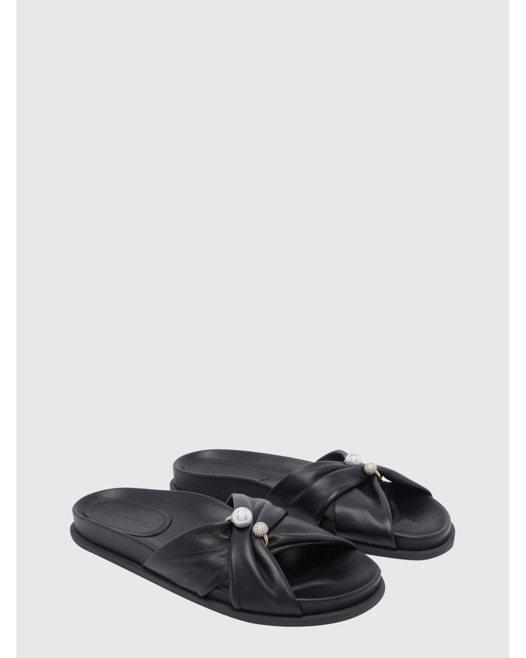 Jimmy Choo Black Rafi Smooth Calfskin Slide Sandals With Pearls And Rhinestones