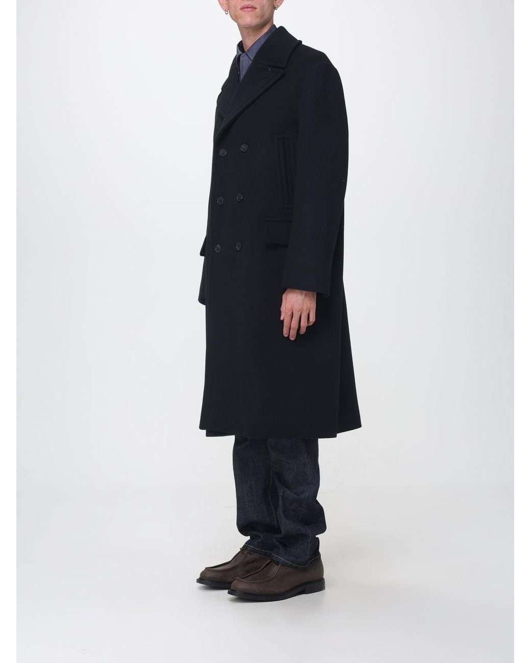 Fendi Blue Long Double-Breasted Virgin Wool Coat With Lapels for men