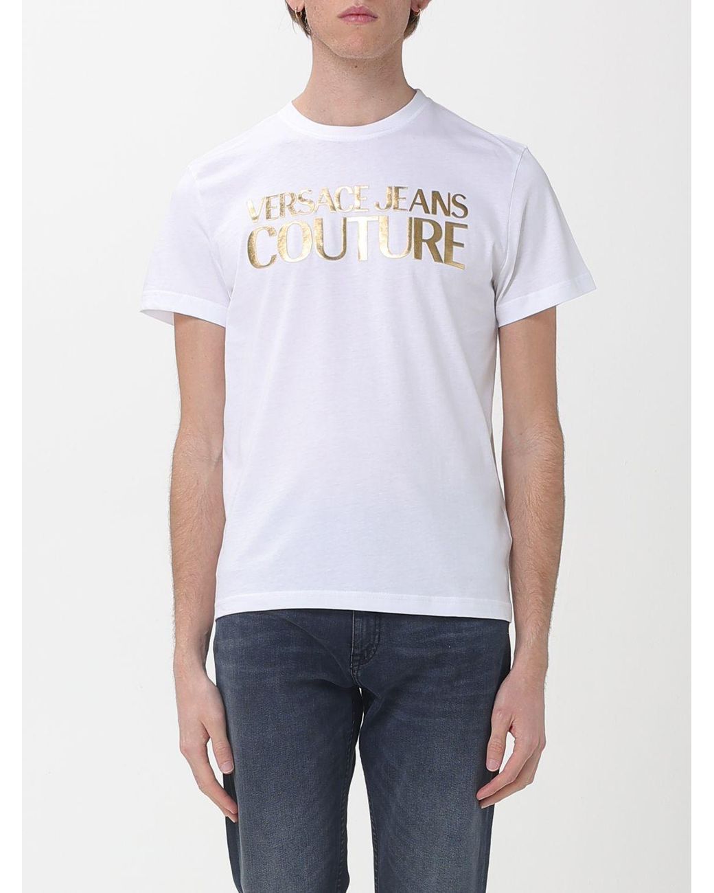 Versace Jeans Couture White Cotton T-Shirt With Laminated Logo for men