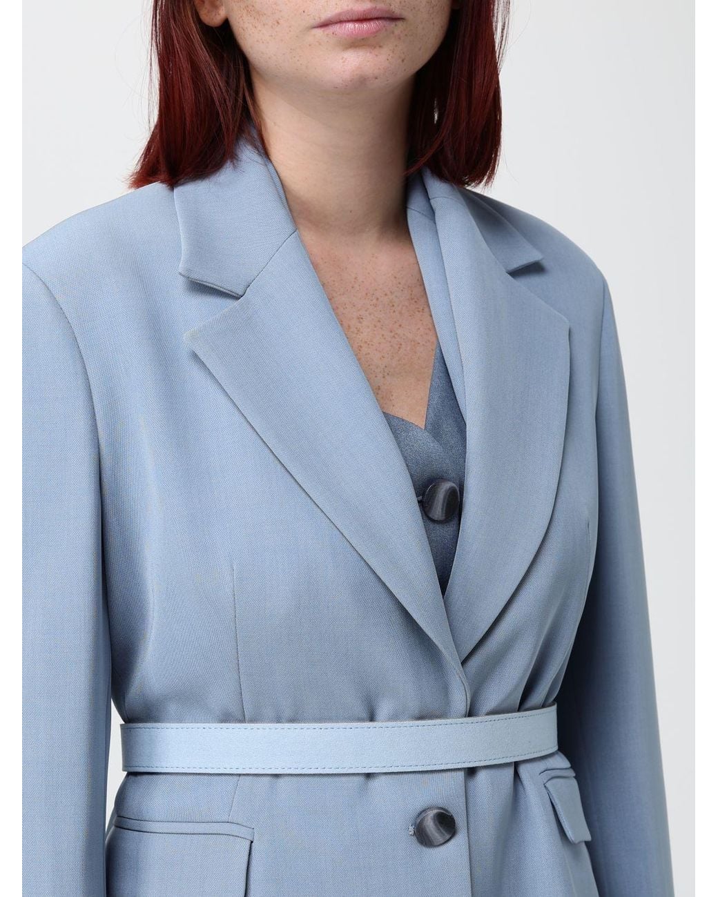 Hanita Blue Single-Breasted Viscose Blend Blazer With Waist Belt And Lapels