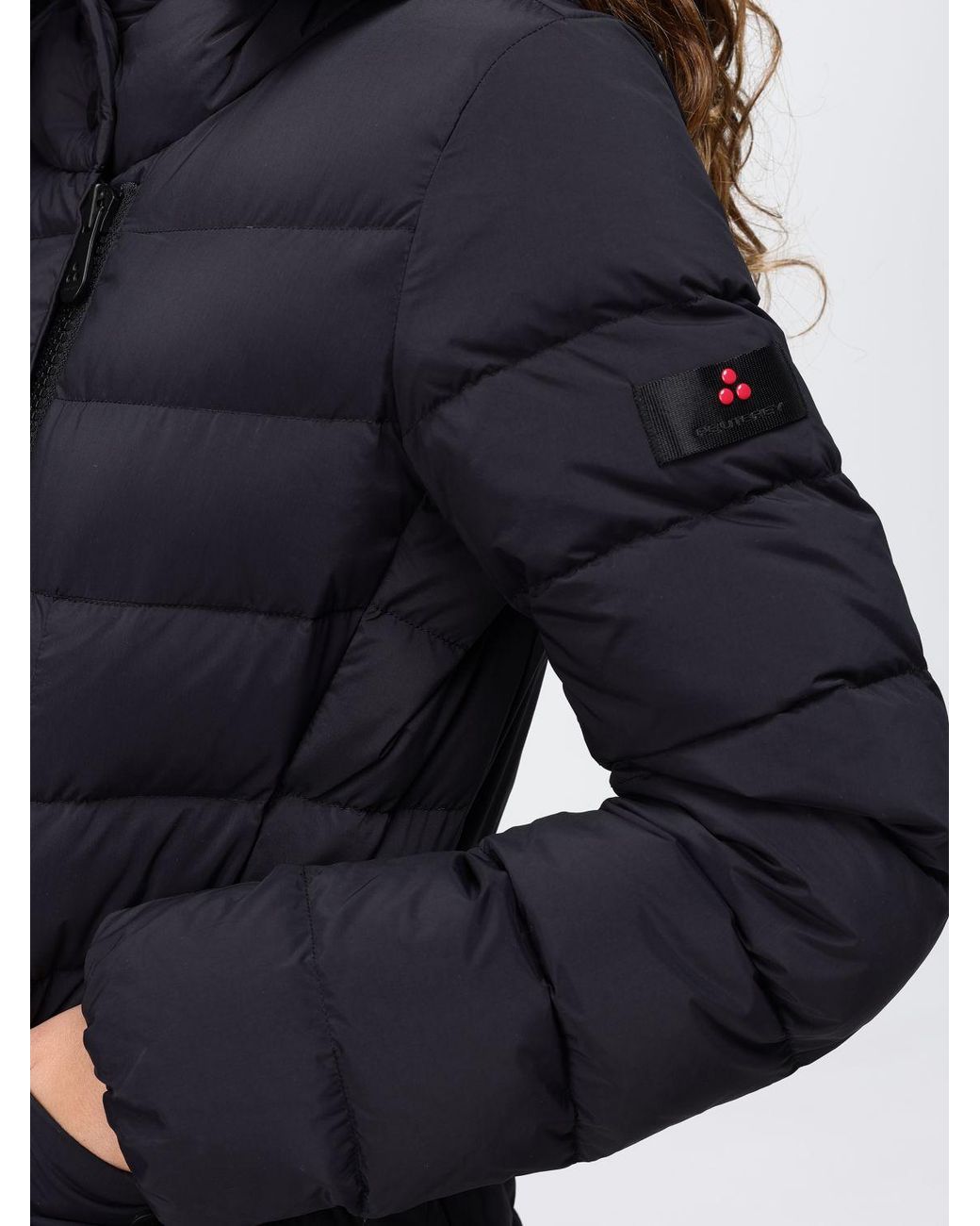 Peuterey Blue Knee-Length Quilted Nylon Down Jacket With Shearling Hood