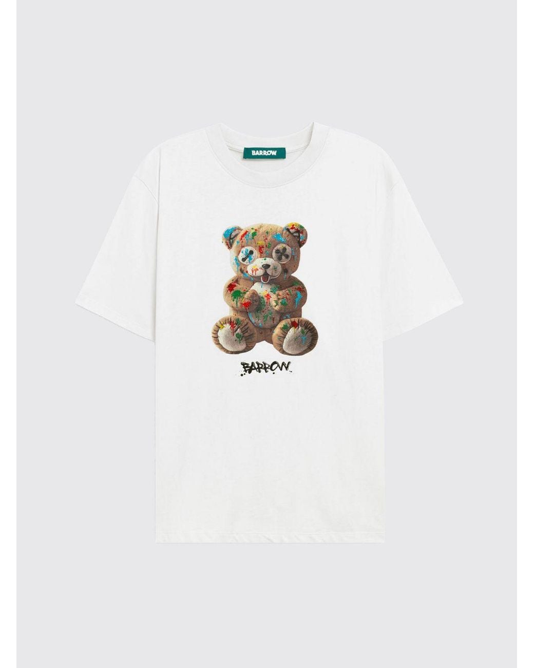Barrow White Cotton T-Shirt With Teddy Bear Print And Contrast Logo for men