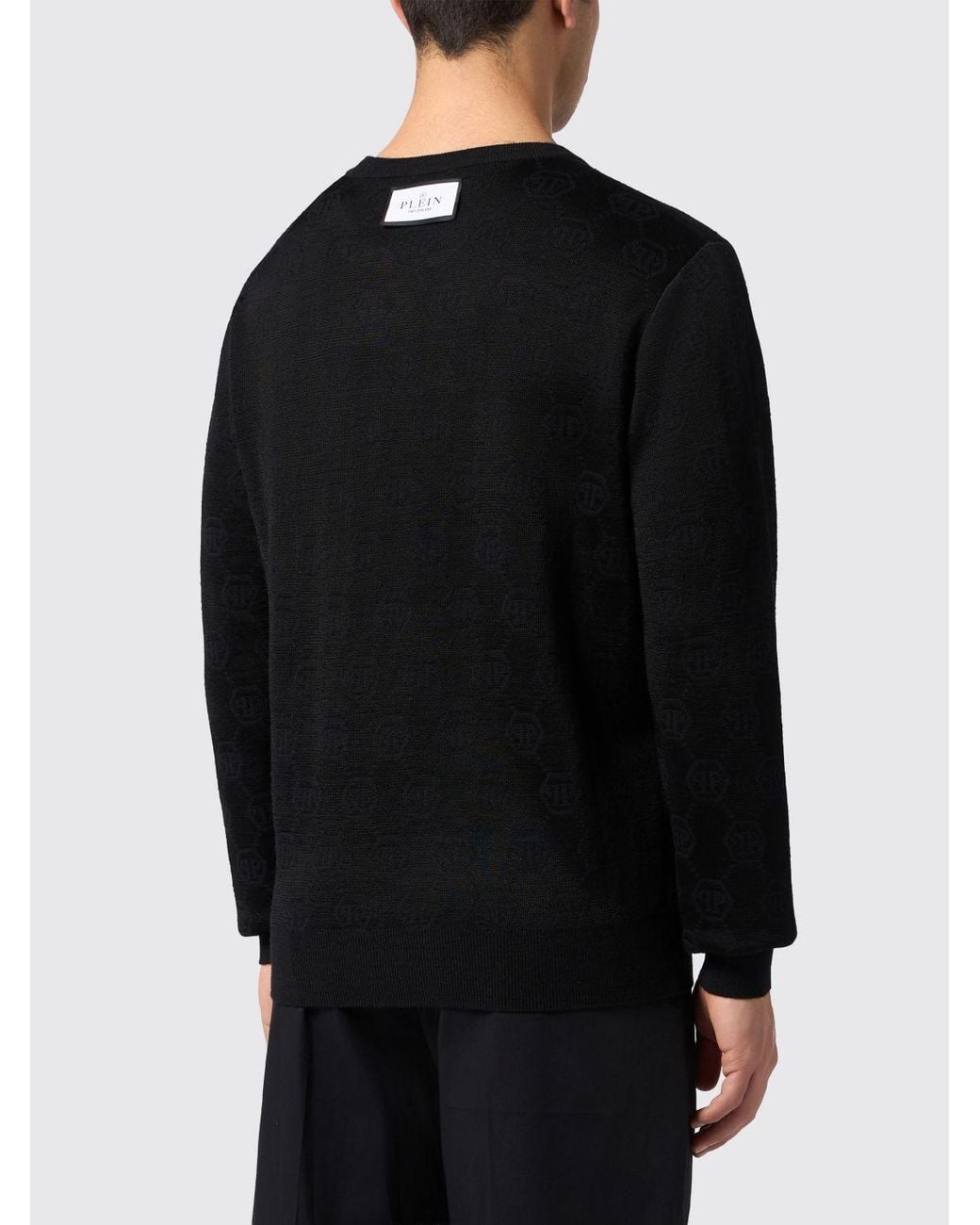 Philipp Plein Black Crew-Neck Merino Wool Jumper With Jacquard Hexagon Logo for men