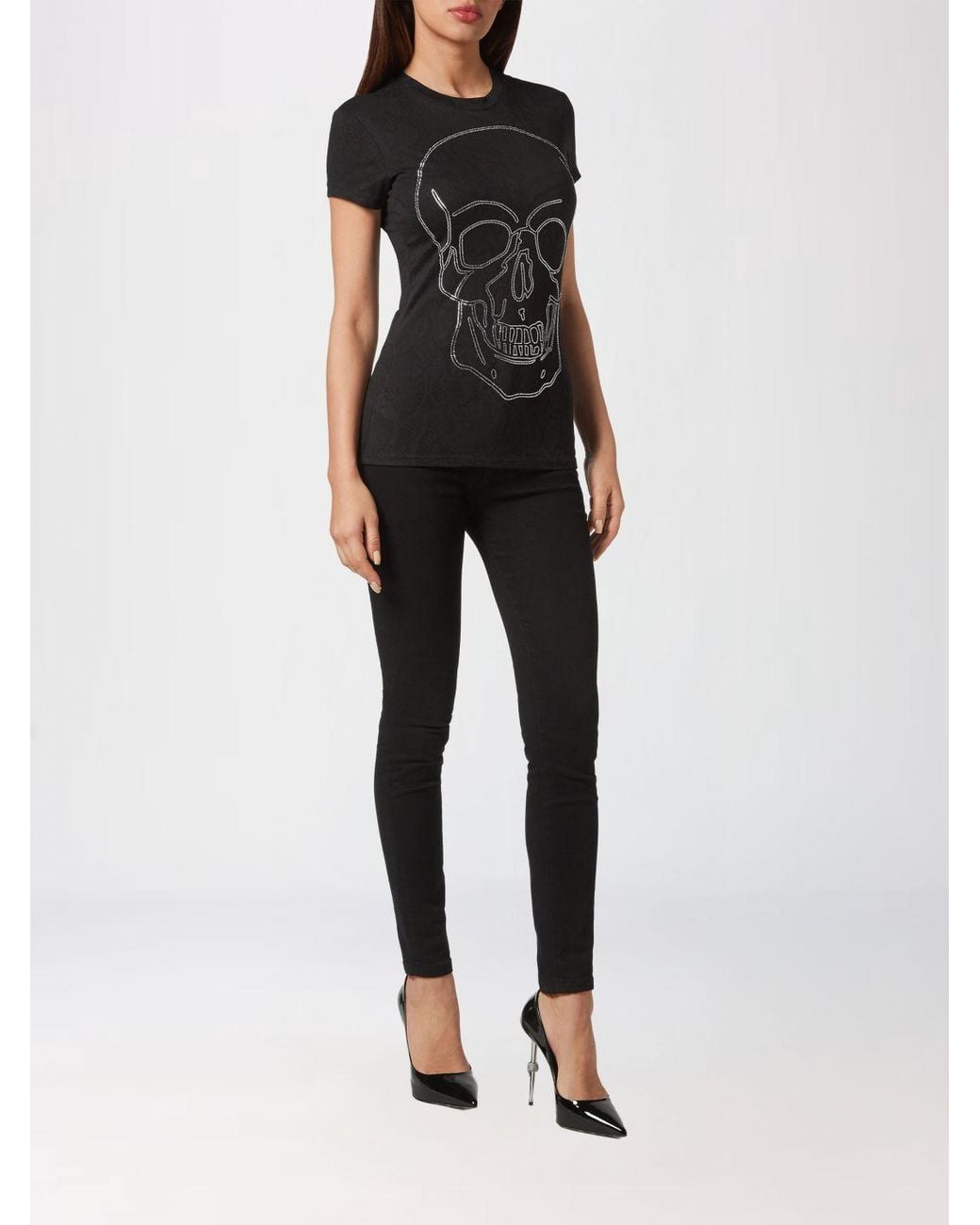 Philipp Plein Black Slim Fit Cotton T-Shirt With Skull Print And Rhinestones