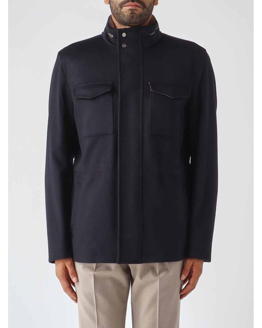 Herno Blue Virgin Wool And Cashmere Shirt Jacket With Detachable Hood for men