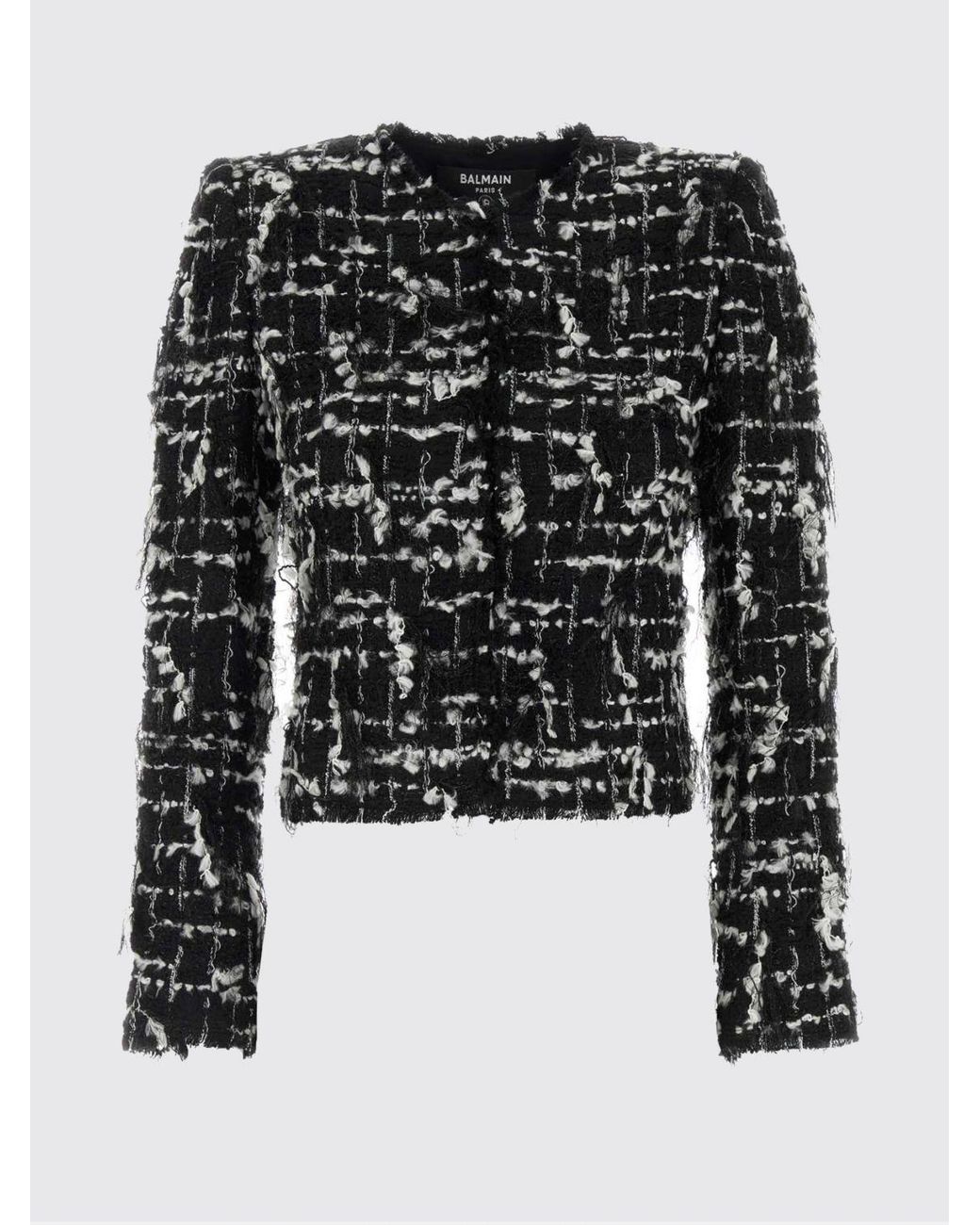 Balmain Blue Cropped Spencer Wool Tweed Blazer With Fringes And Embroidery
