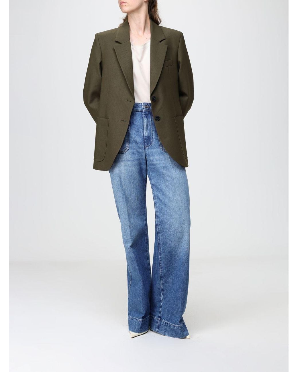 Victoria Beckham Green Single-Breasted Virgin Wool Blazer With Padded Shoulders