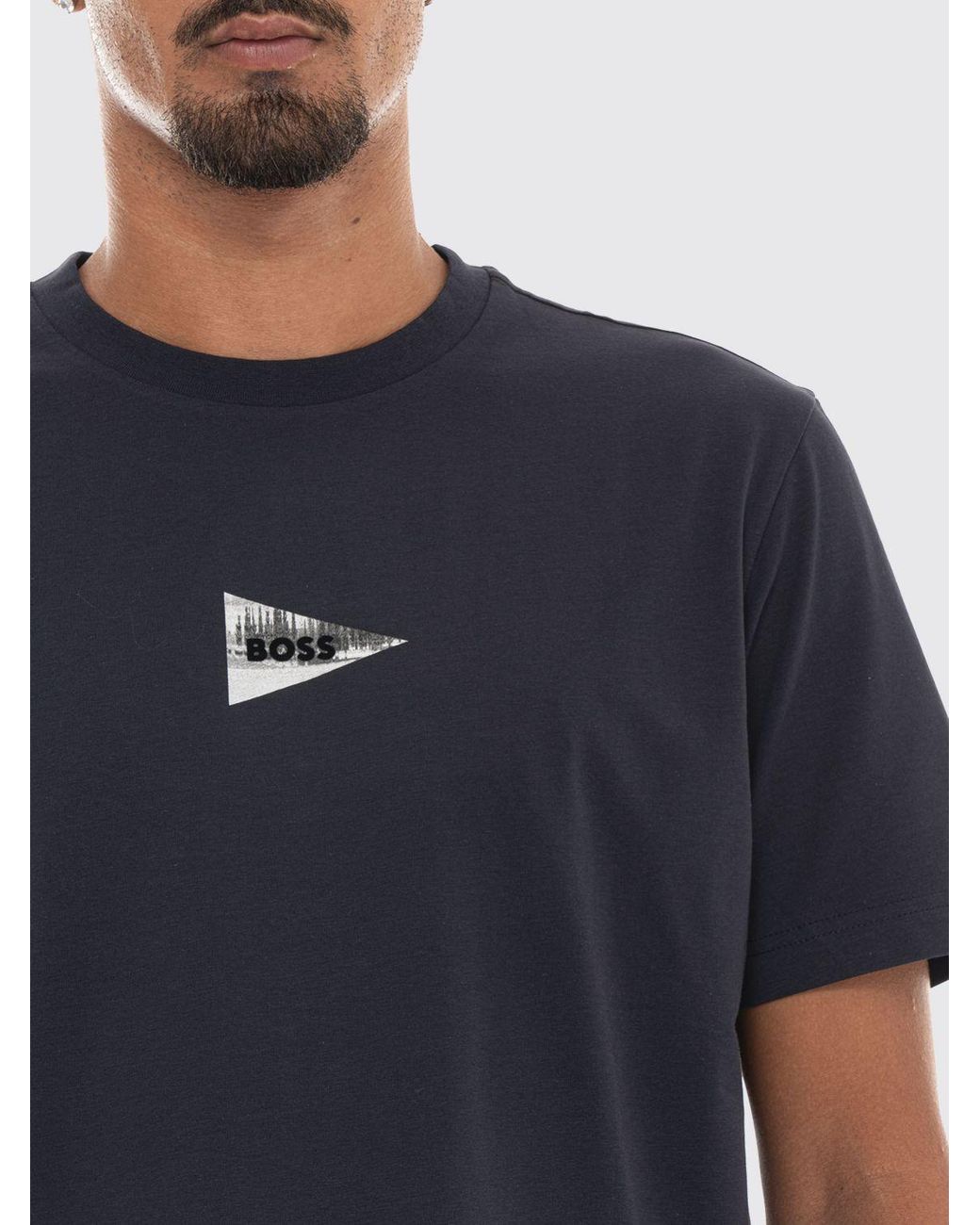 Boss Blue Cotton T-Shirt With Contrasting Graphic Print And Logo for men