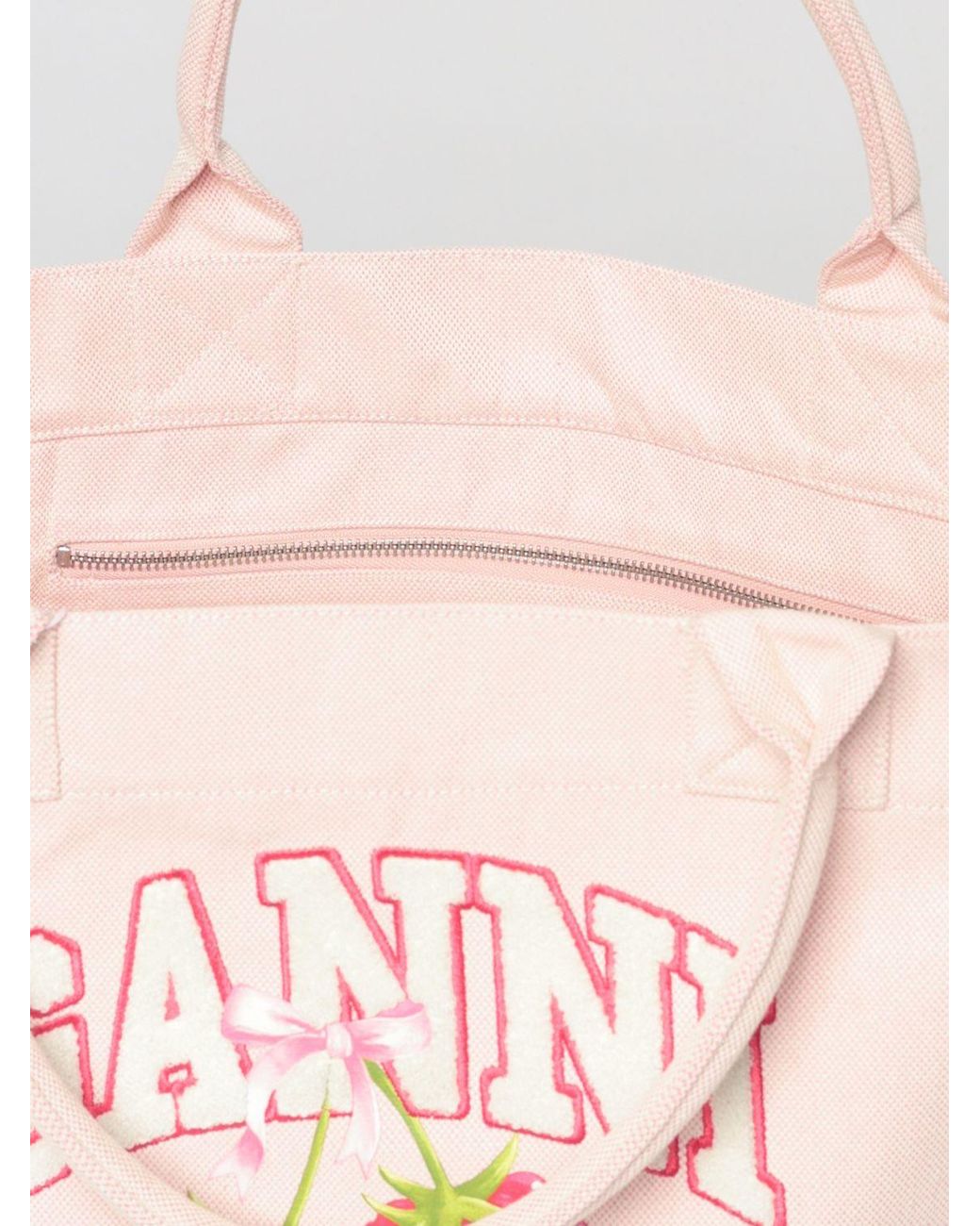 Ganni Pink Large Recycled Cotton Canvas Tote Bag With Printed Logo