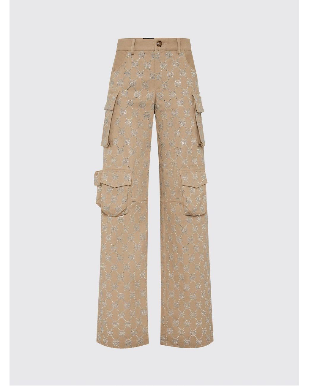 Philipp Plein Natural Cotton Cargo Trousers With Rhinestones