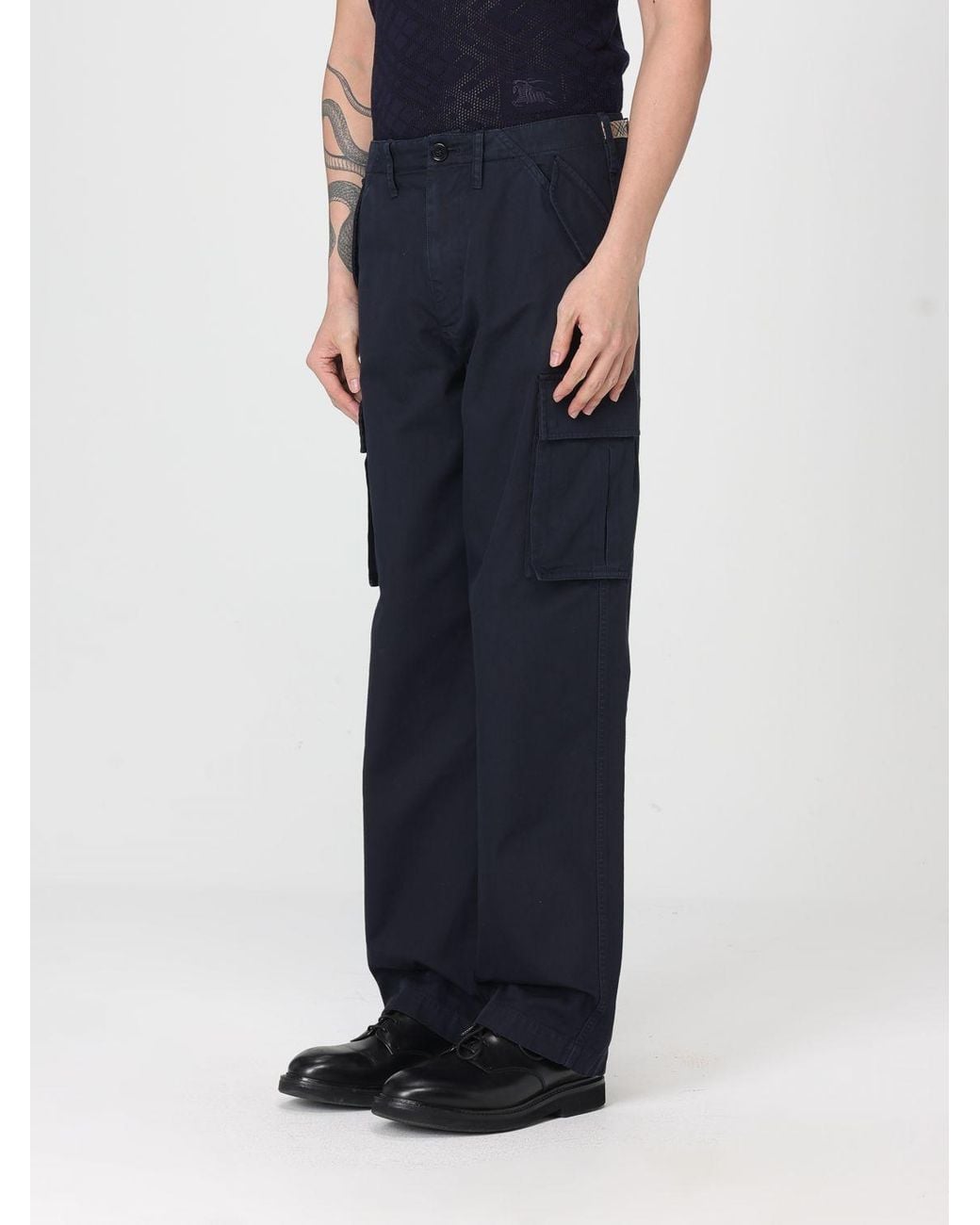 Burberry Blue Cotton Trousers With Check Details for men