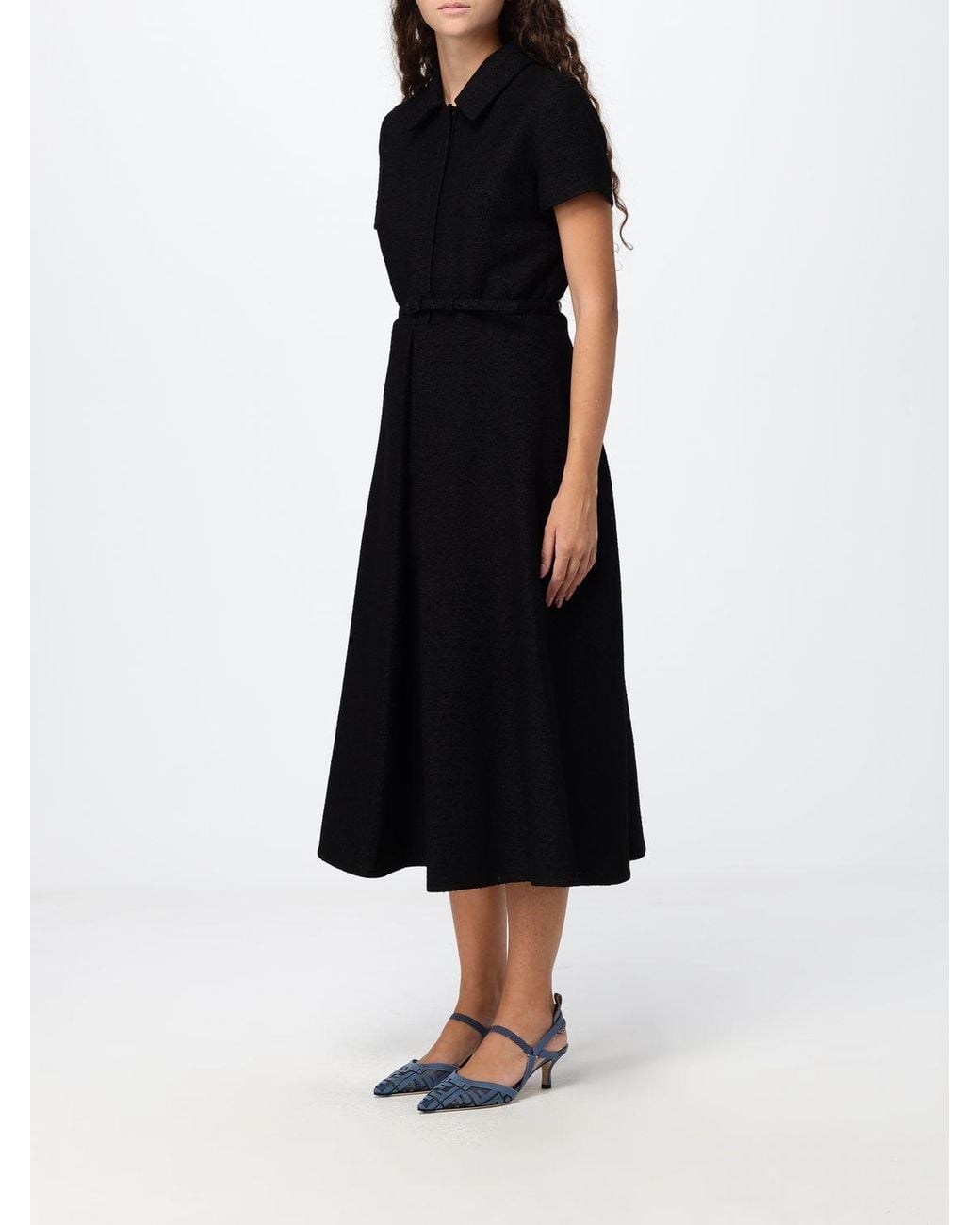 Fendi Black Wool Bouclé Midi Shirtdress With Classic Collar And Belt