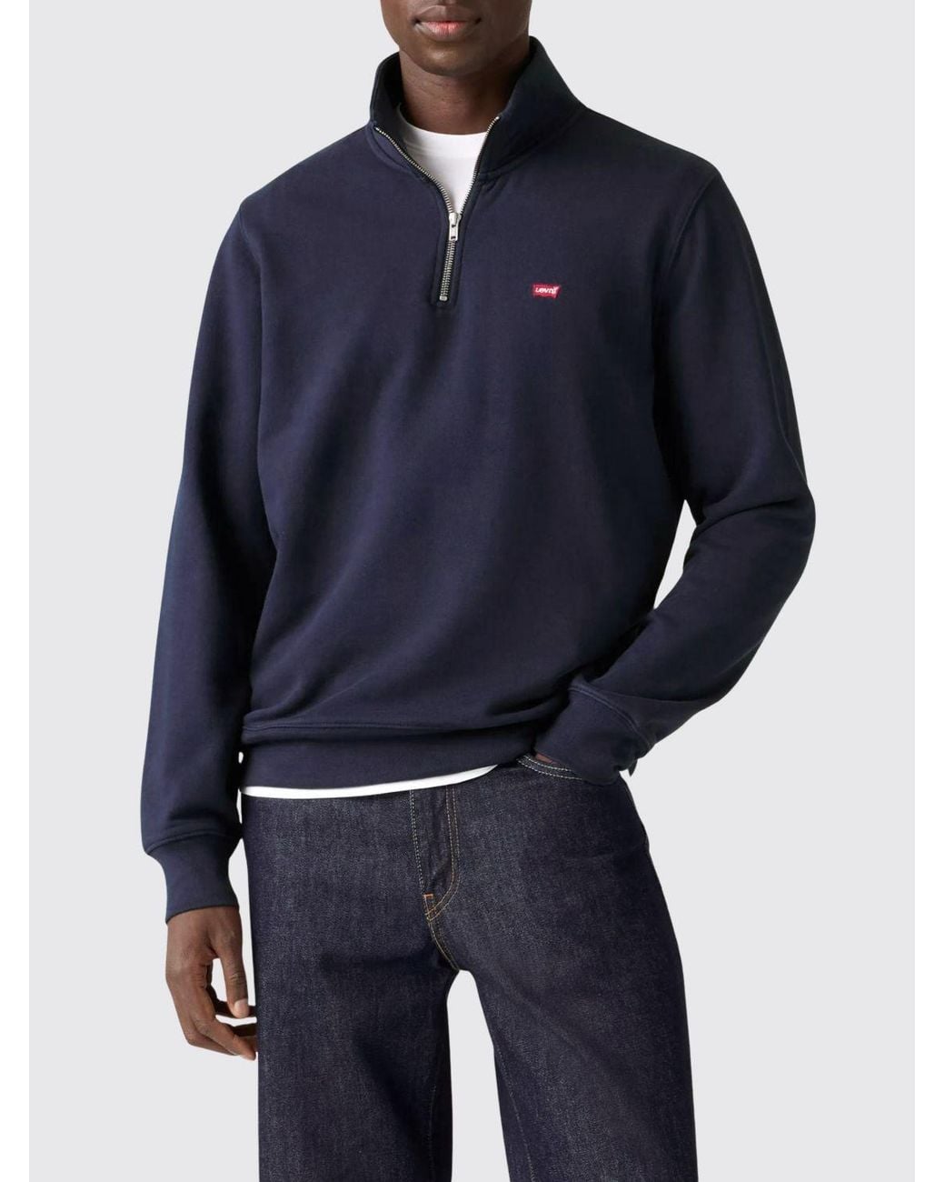 Levi's Blue Regular Fit Cotton Sweatshirt With High Neck, Contrast Logo And Half-Zip for men