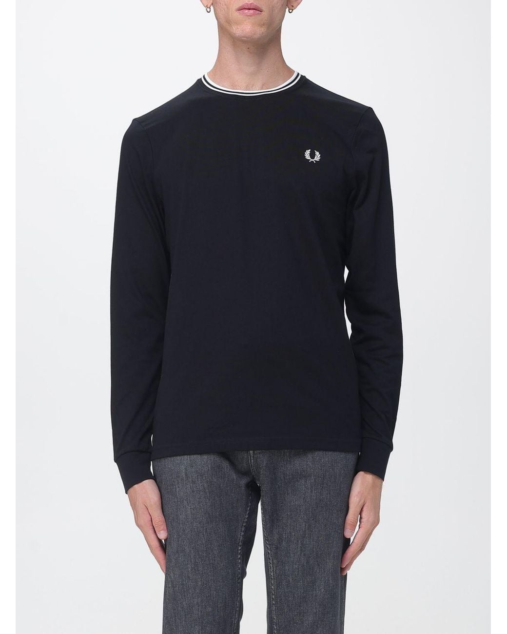 Fred Perry Blue Long-Sleeved Cotton Jersey T-Shirt With Embroidered Logo for men