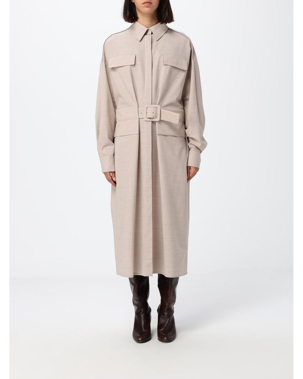 Fabiana Filippi Natural Wool-Blend Midi Chemisier Dress With Waist Belt