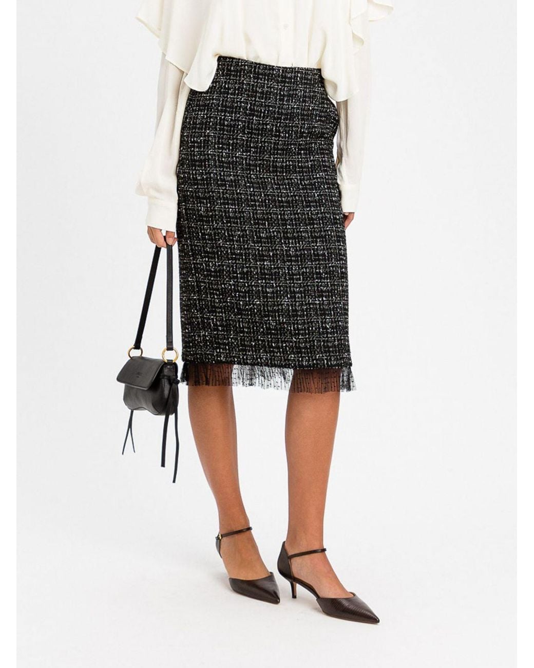 Twinset Black Tweed Pencil Midi Skirt With Back Slit
