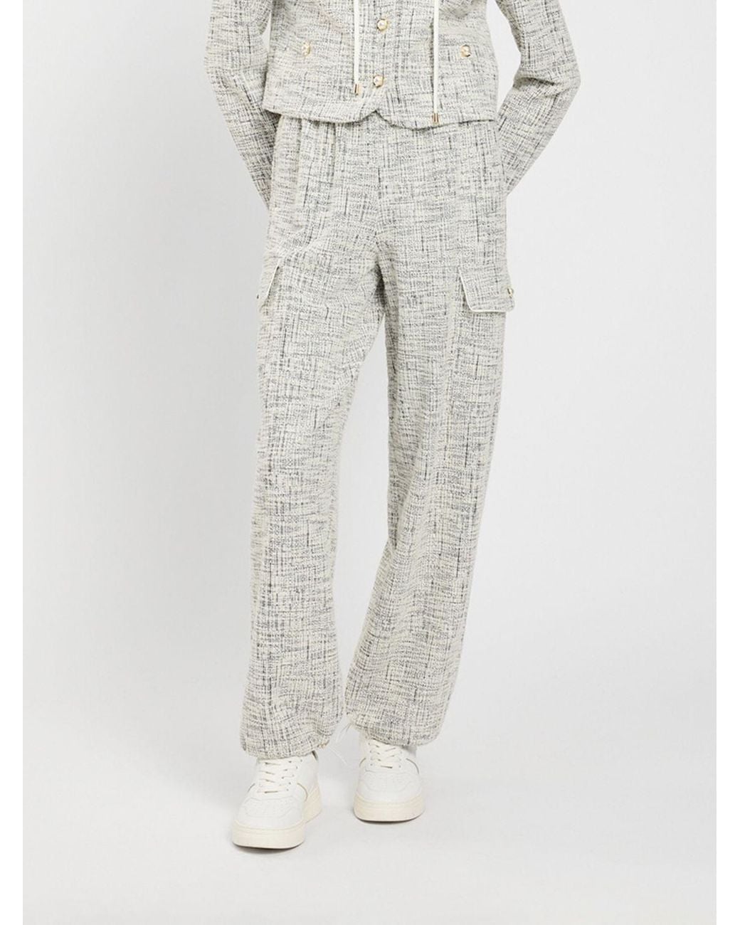 Twinset White Cotton Blend Cargo Trousers With Drawstring And Sequin Appliqué