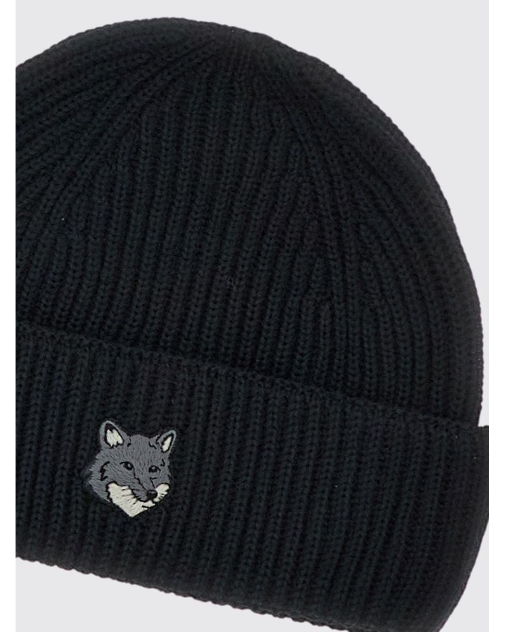 Maison Kitsuné Black Maison KitsunÉ Ribbed Wool Beanie With A Cuff And Contrast Logo for men